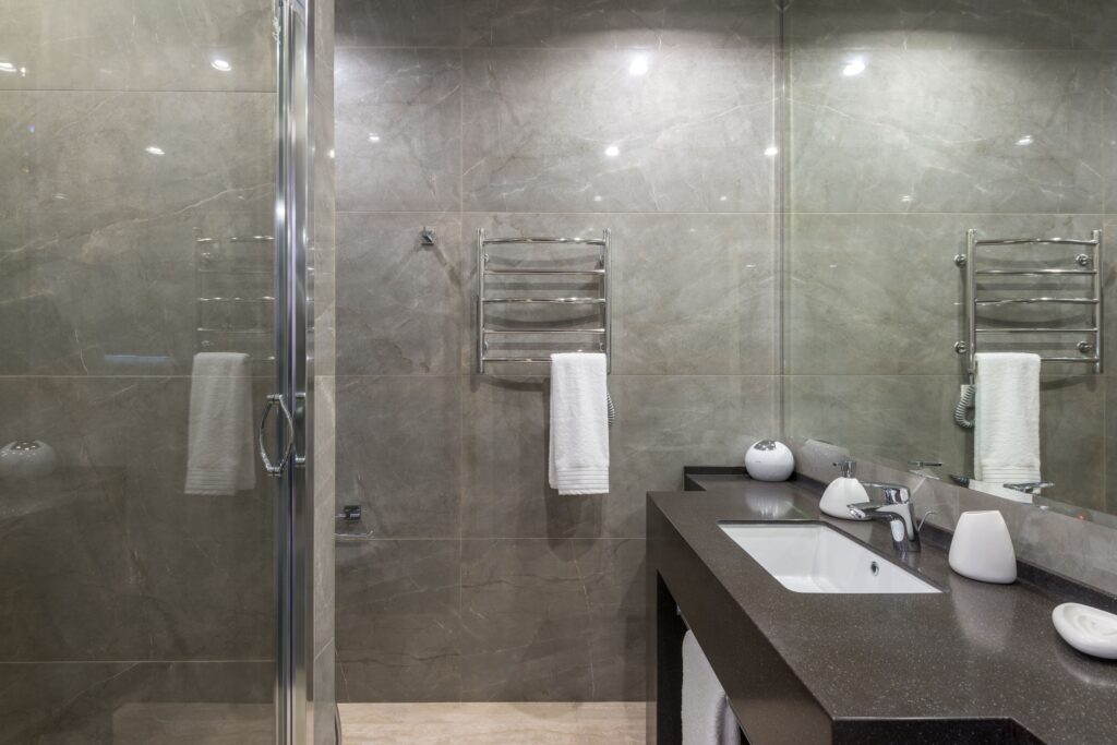 Modern remodeled bathroom with glass shower in Denver, PA