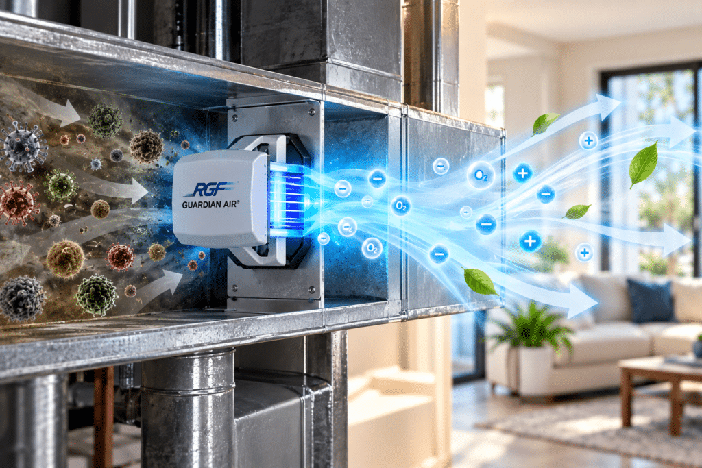 Illustration of a whole-home air purifier cleaning indoor air in Denver, PA