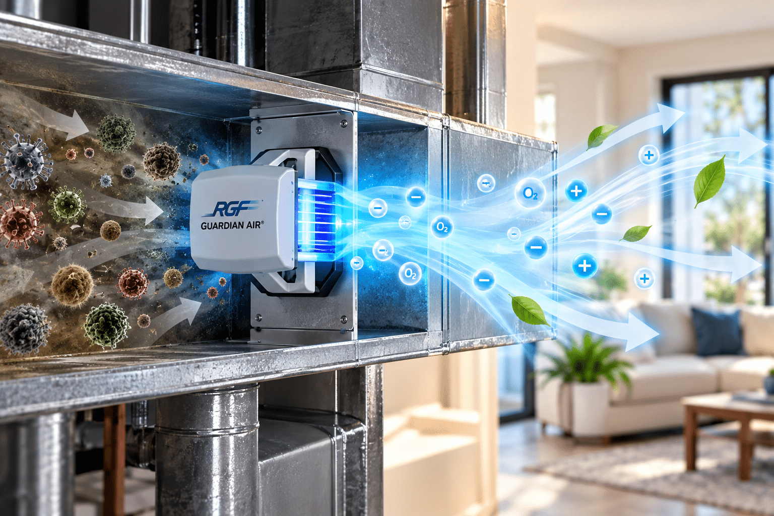 Illustration of a whole-home air purifier cleaning indoor air in Denver, PA