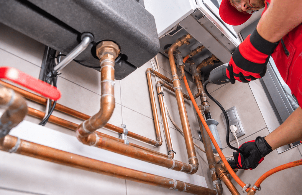 Commercial plumber working on copper piping