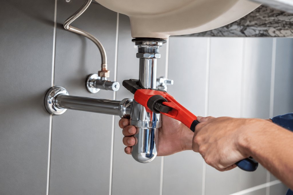 Plumber tightening a sink drain trap with a wrench
