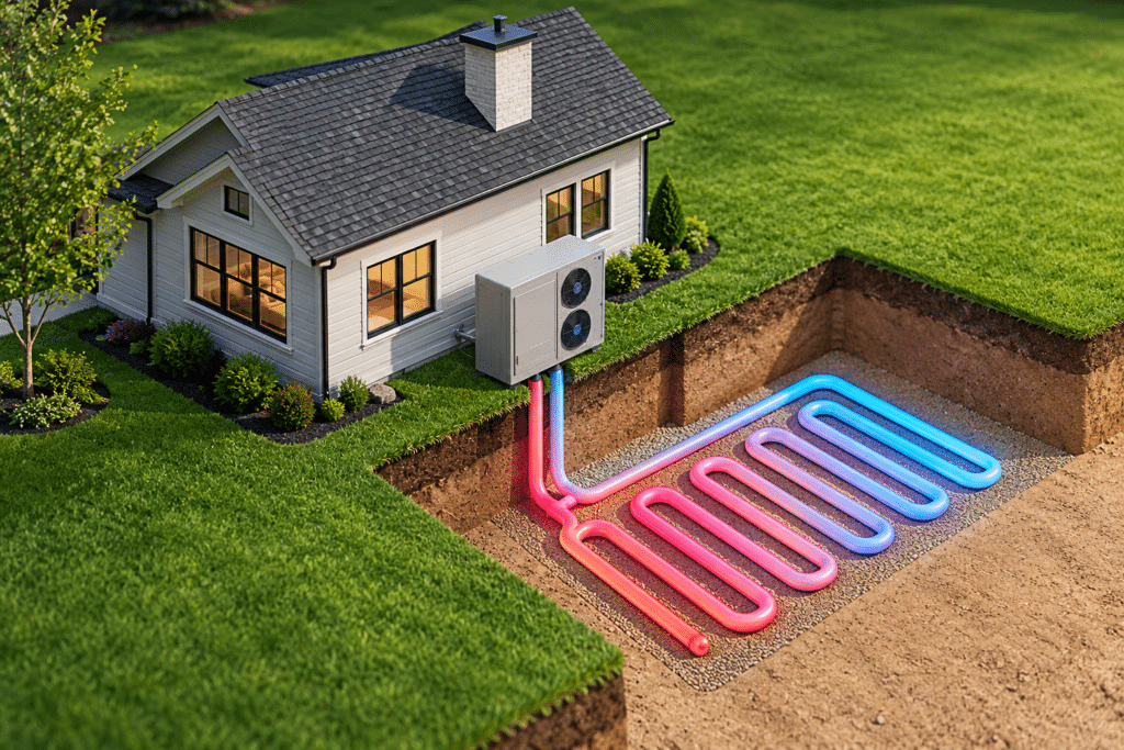 Illustration of a geothermal heating loop under a home