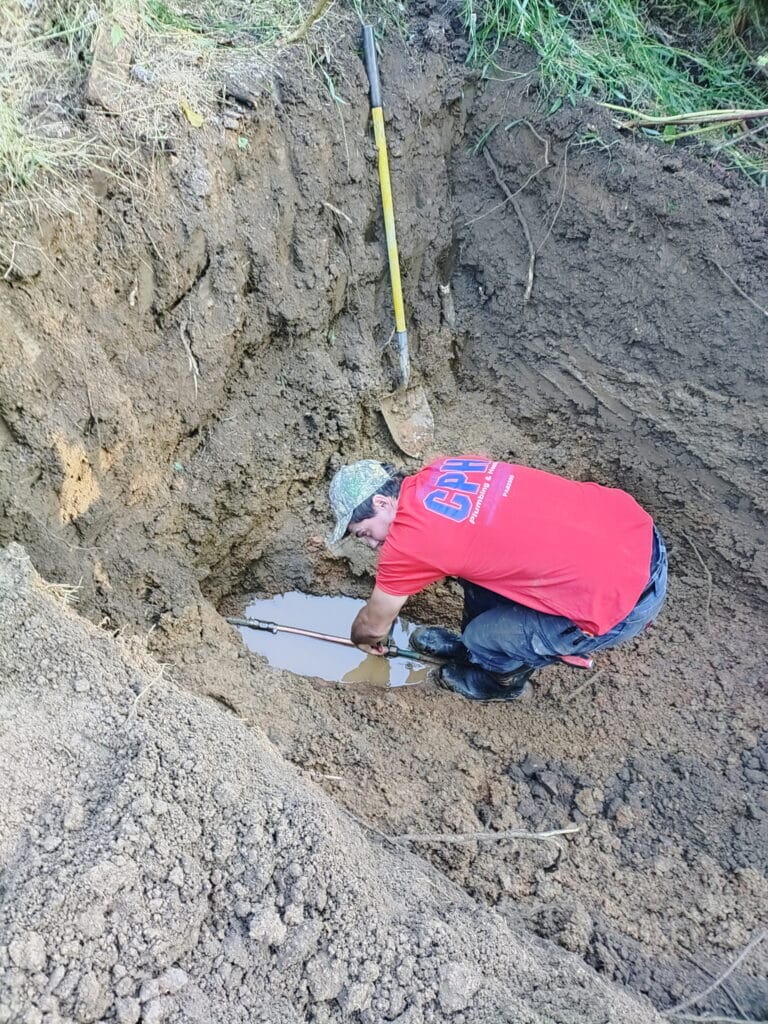 Plumber excavating a water service line in Lebanon County, PA